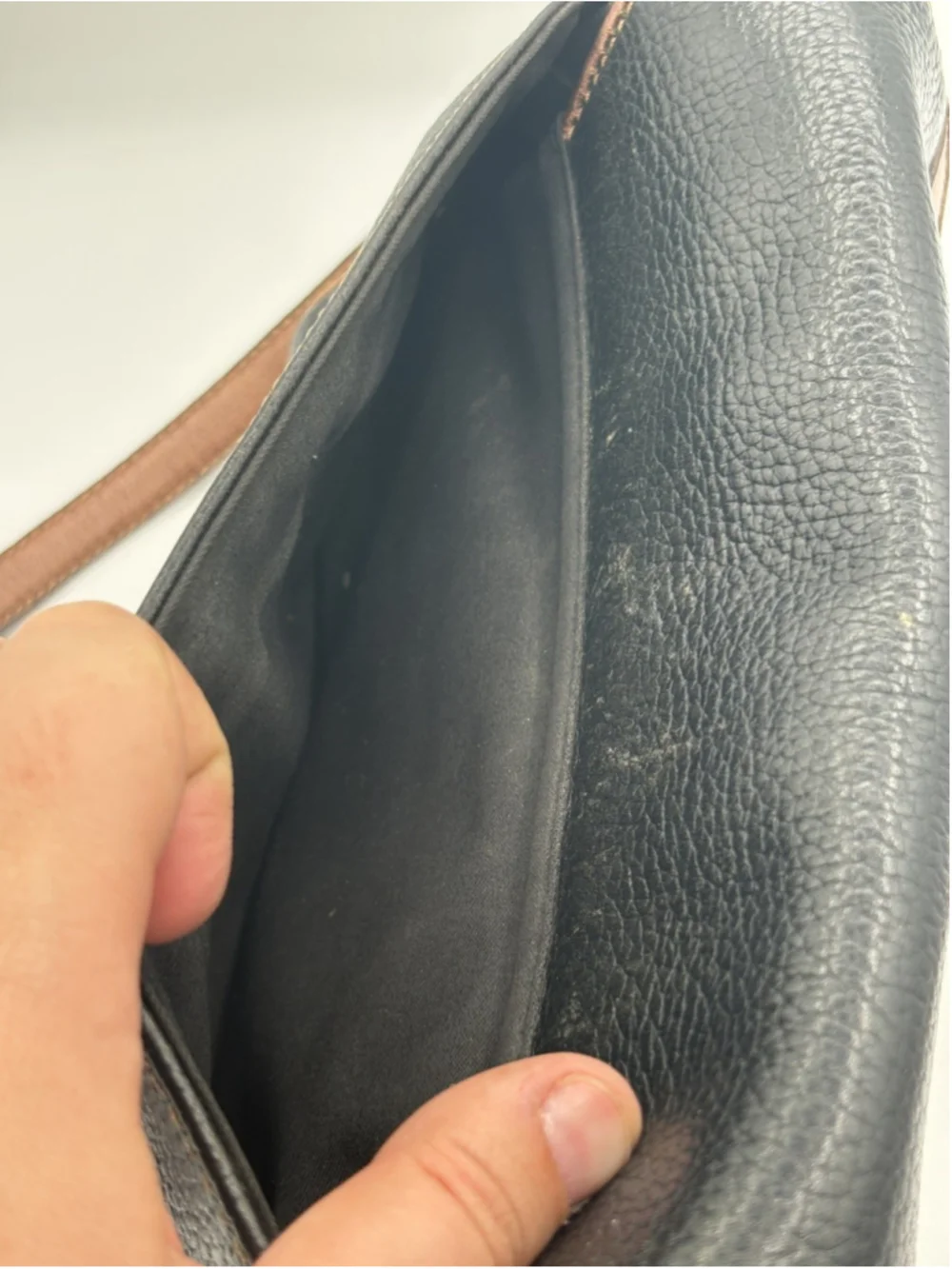 Vintage Liz Claiborne Black Pebbled Leather Crossbody Bag with Brown Trim